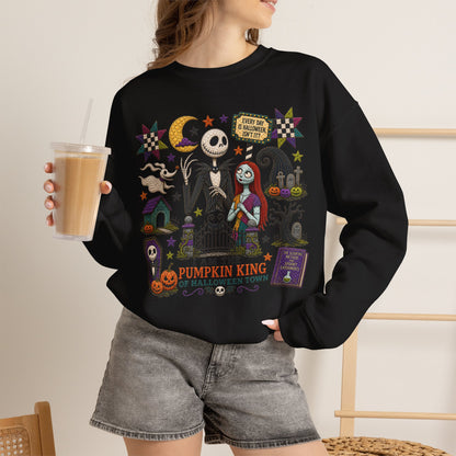 Halloween Crewneck Sweatshirt — 'I Am the Pumpkin King' Jack Skellington Quilt Style Design