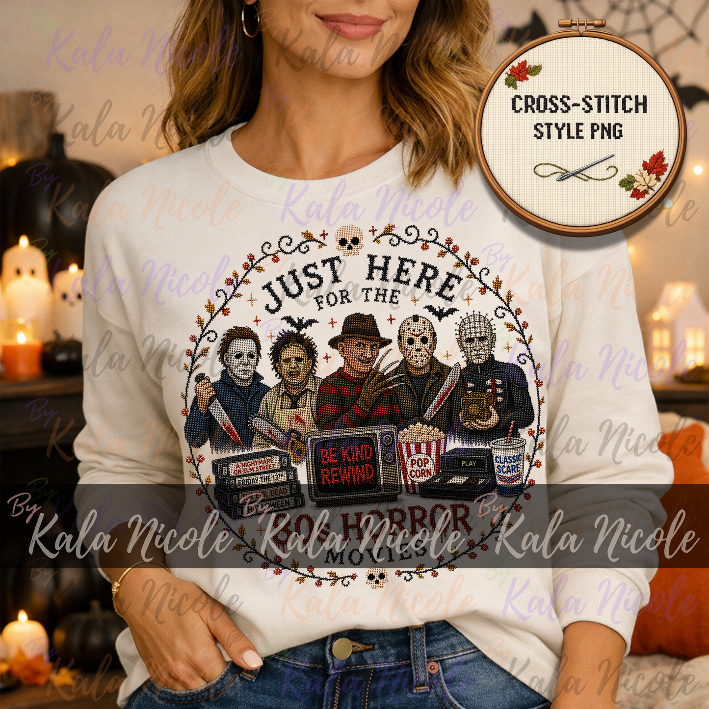 Just Here for the Movies Cross-Stitch PNG | 80s Horror