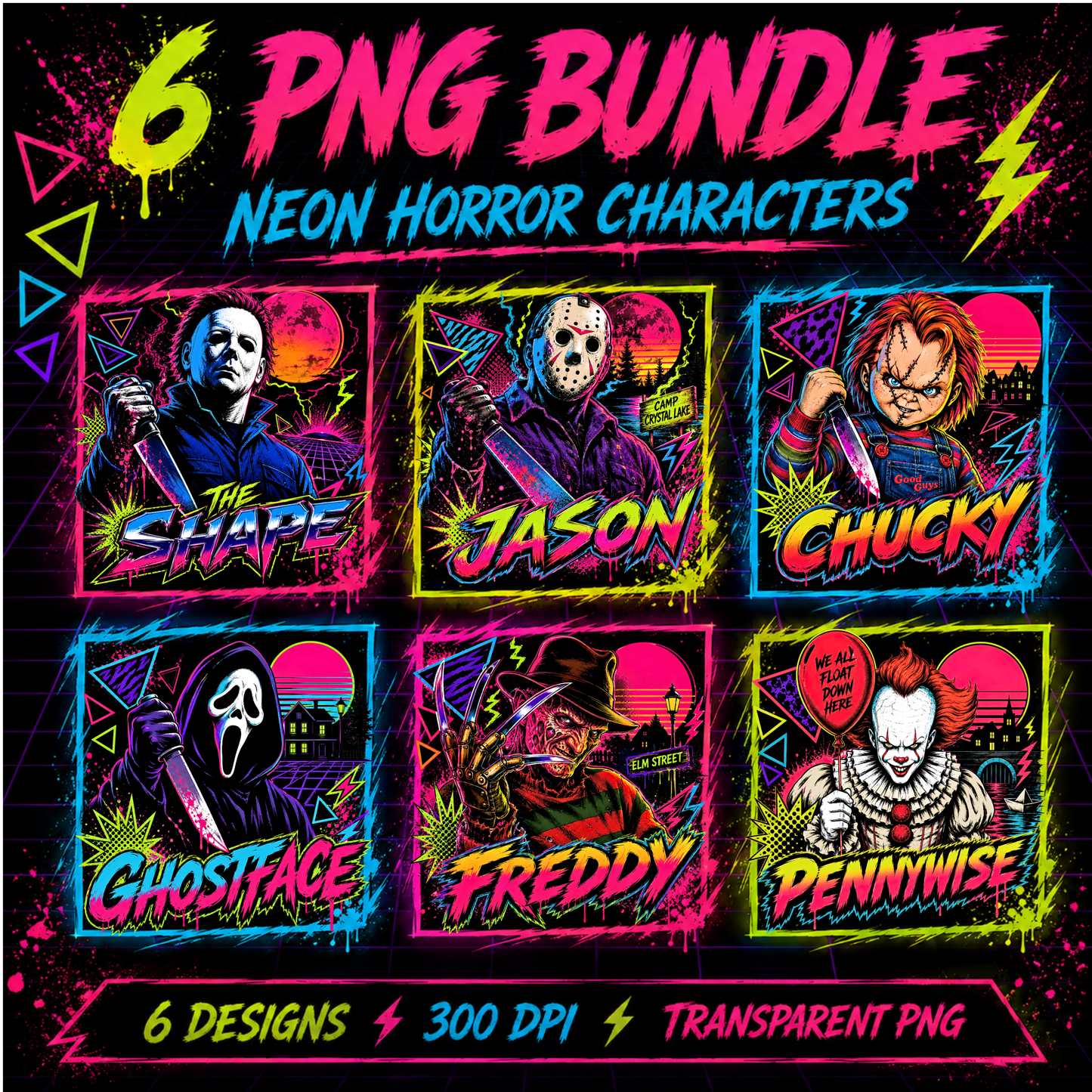 80s Neon Horror PNG Bundle