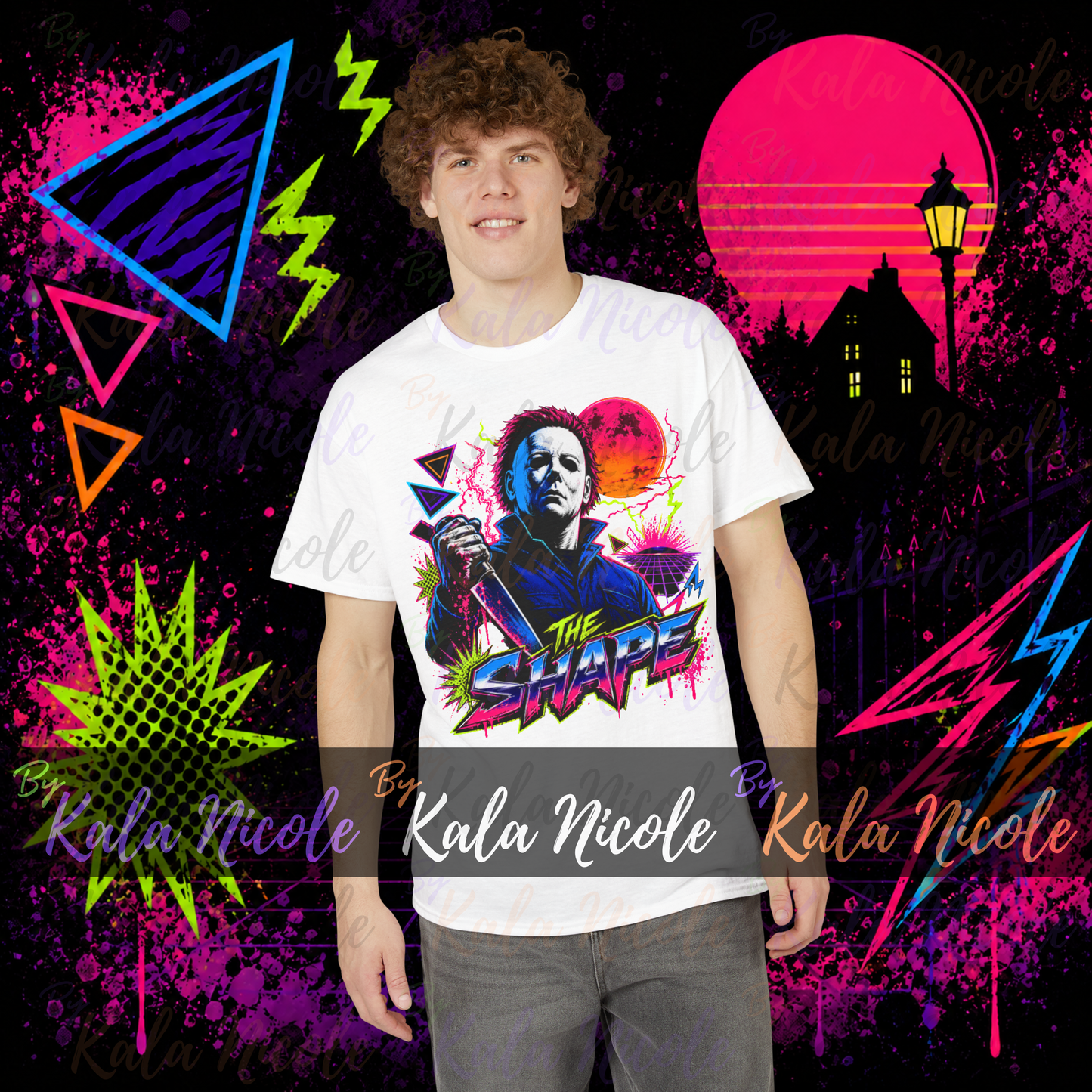 80s Neon Horror PNG | White Mask Slasher PNG