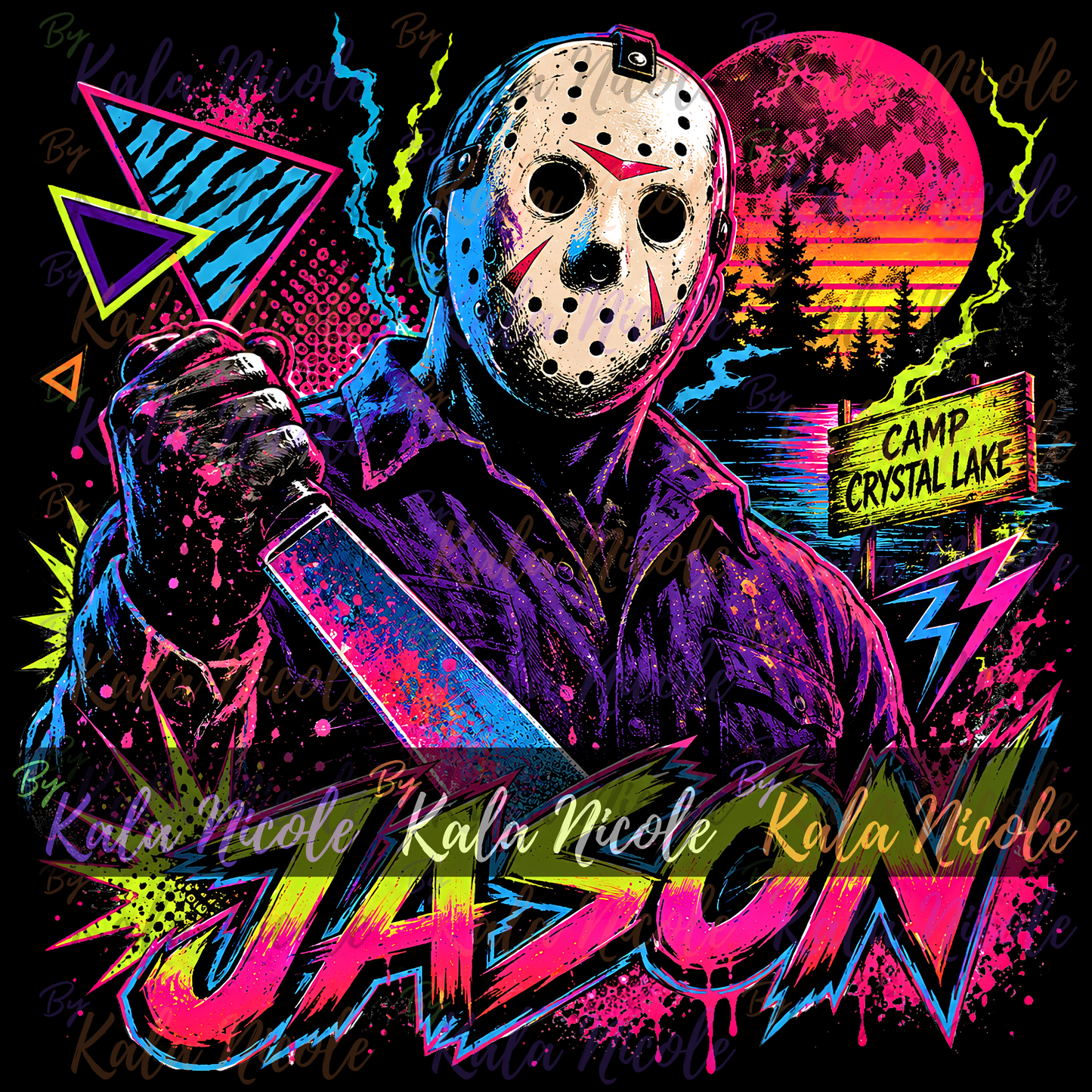 80s Neon Horror PNG | Hockey Mask Slasher PNG