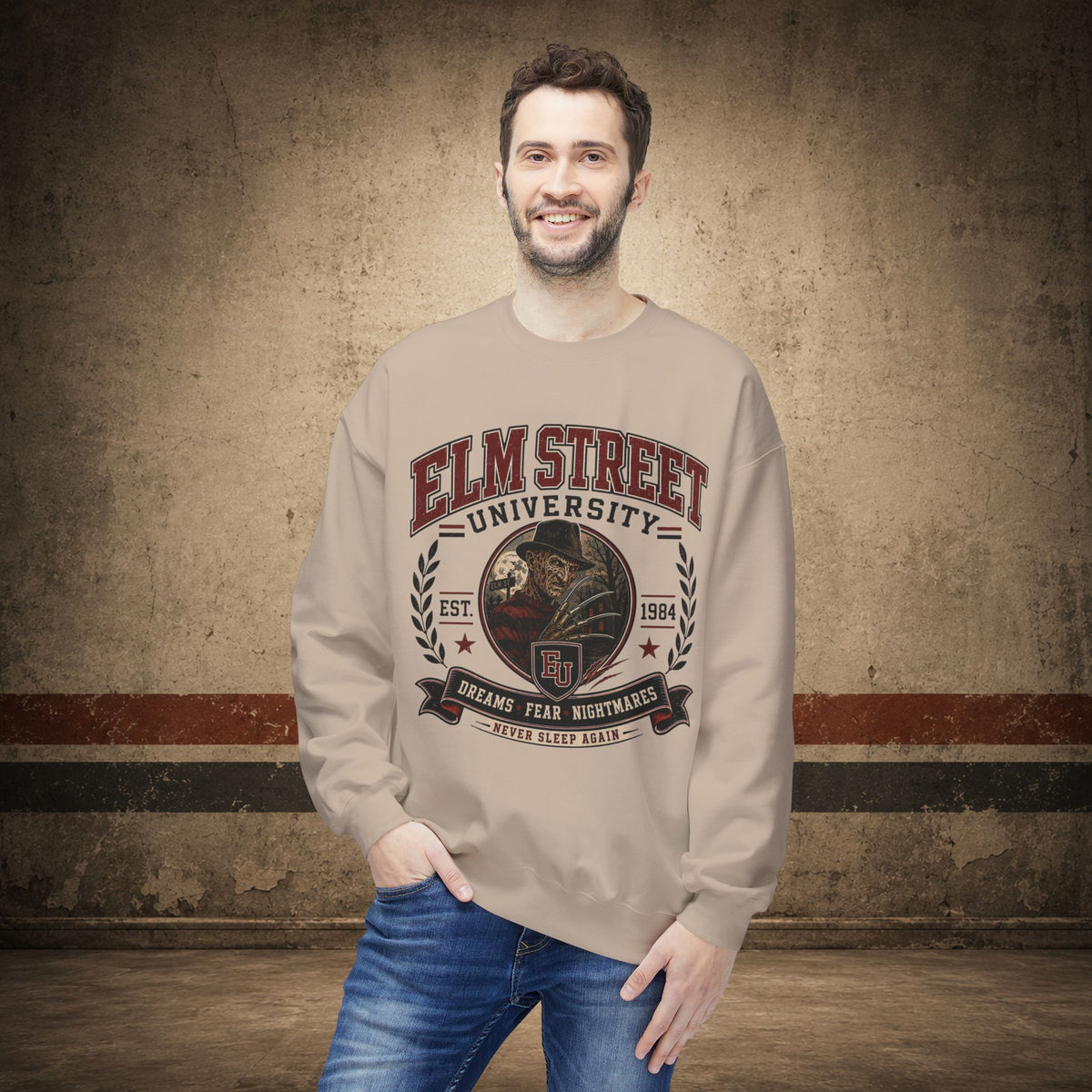 Elm Street University Crewneck Sweatshirt – Retro Horror School Logo