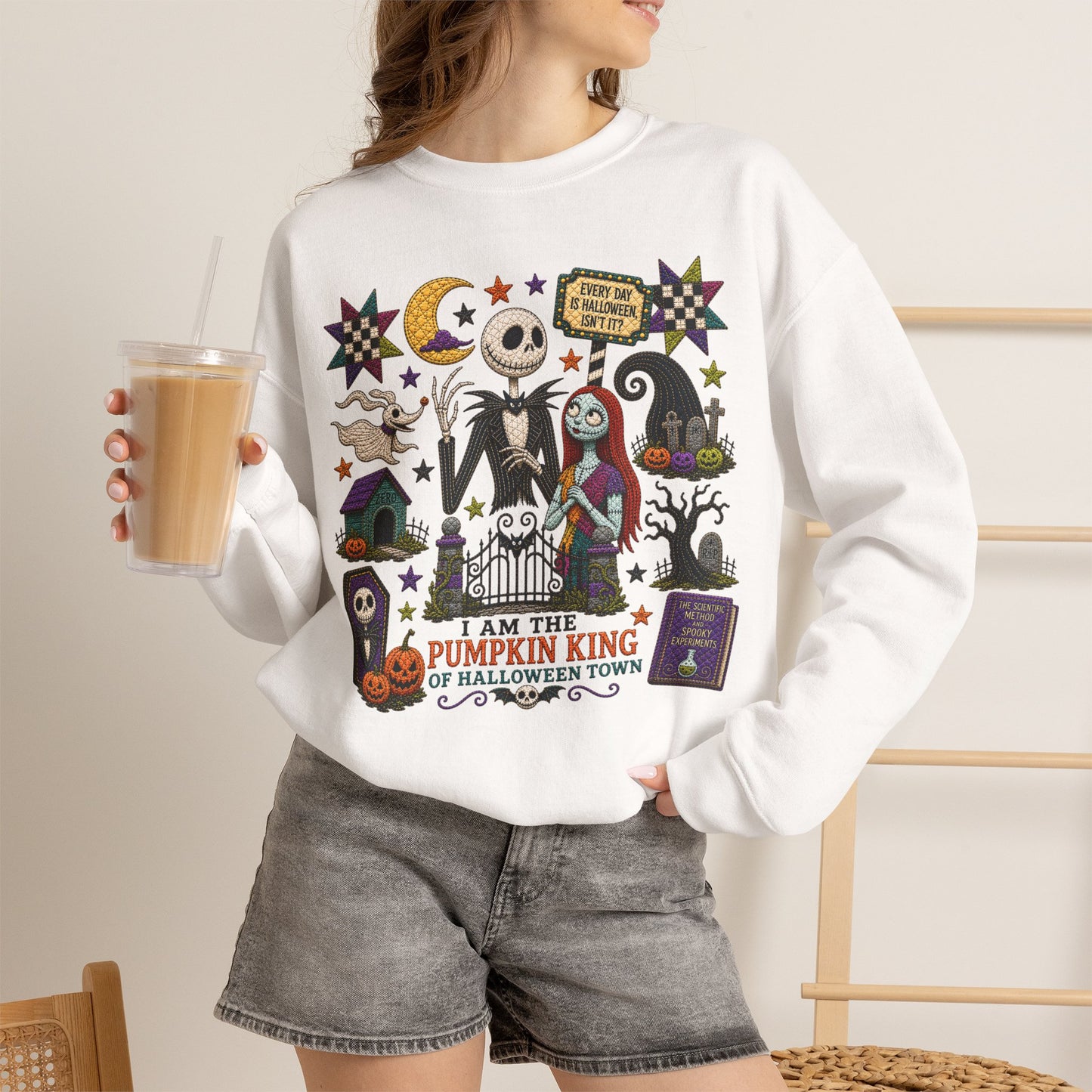 Halloween Crewneck Sweatshirt — 'I Am the Pumpkin King' Jack Skellington Quilt Style Design