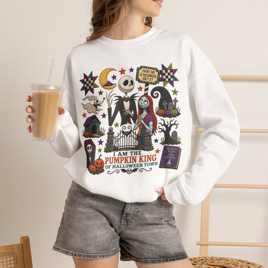 Halloween Crewneck Sweatshirt — 'I Am the Pumpkin King' Jack Skellington Quilt Style Design