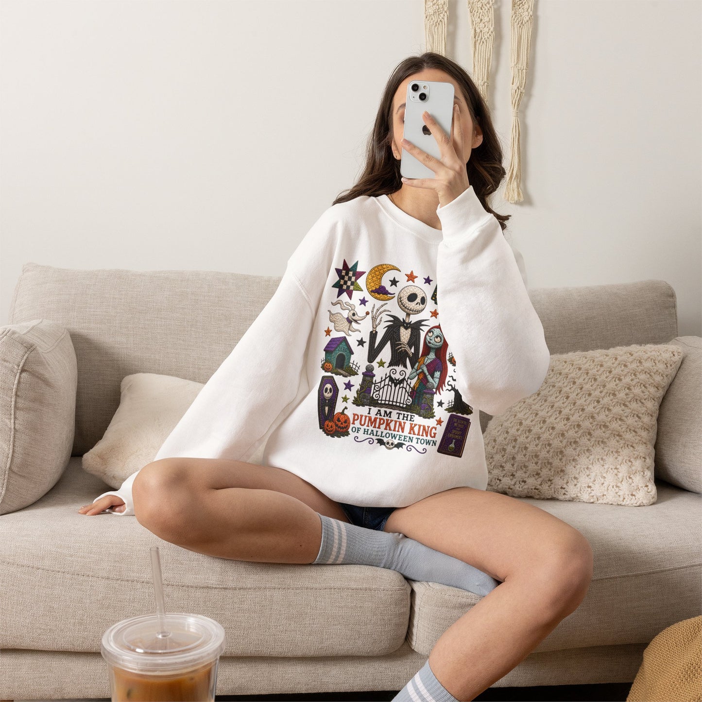 Halloween Crewneck Sweatshirt — 'I Am the Pumpkin King' Jack Skellington Quilt Style Design