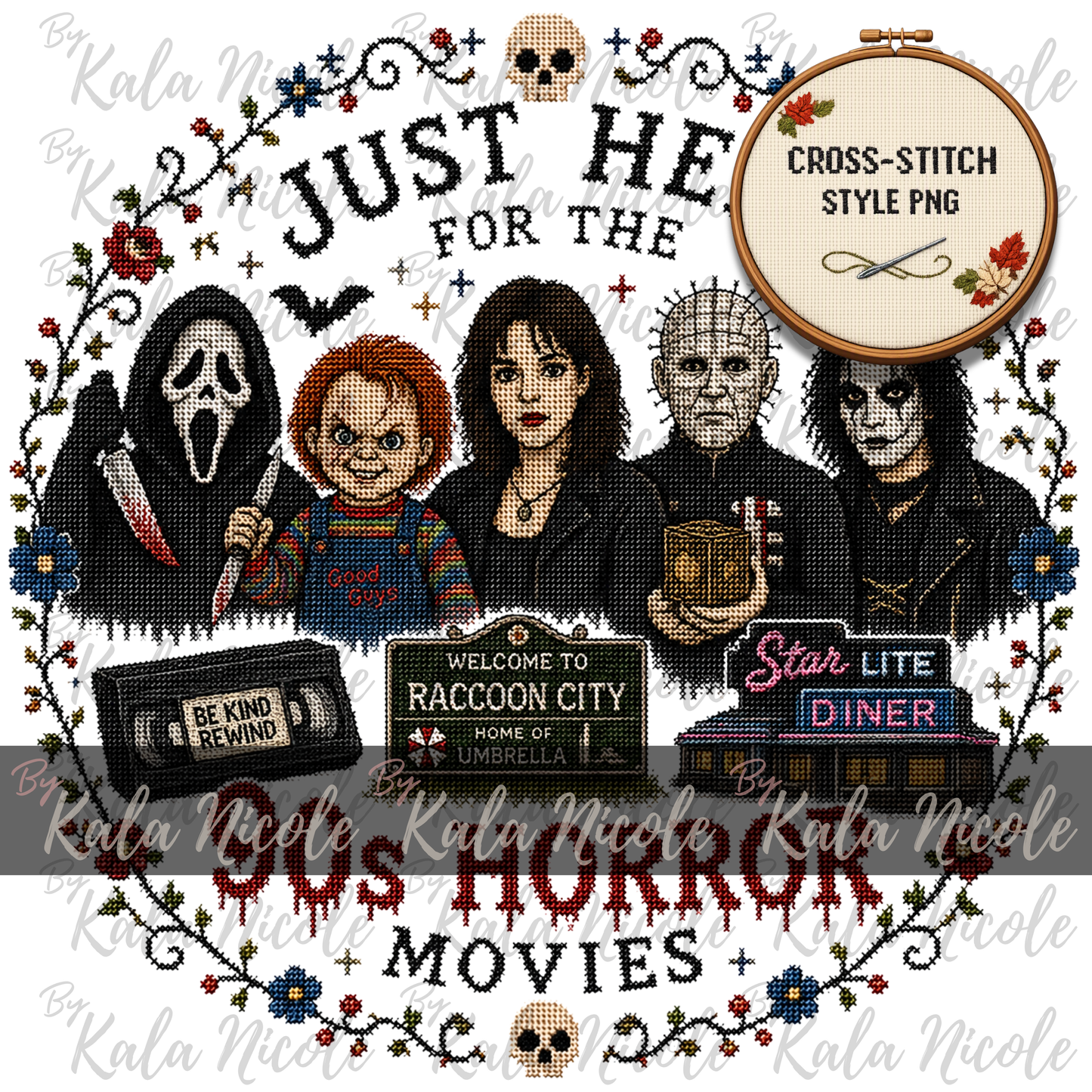 Just Here for the Movies Cross-Stitch PNG | 90s Horror