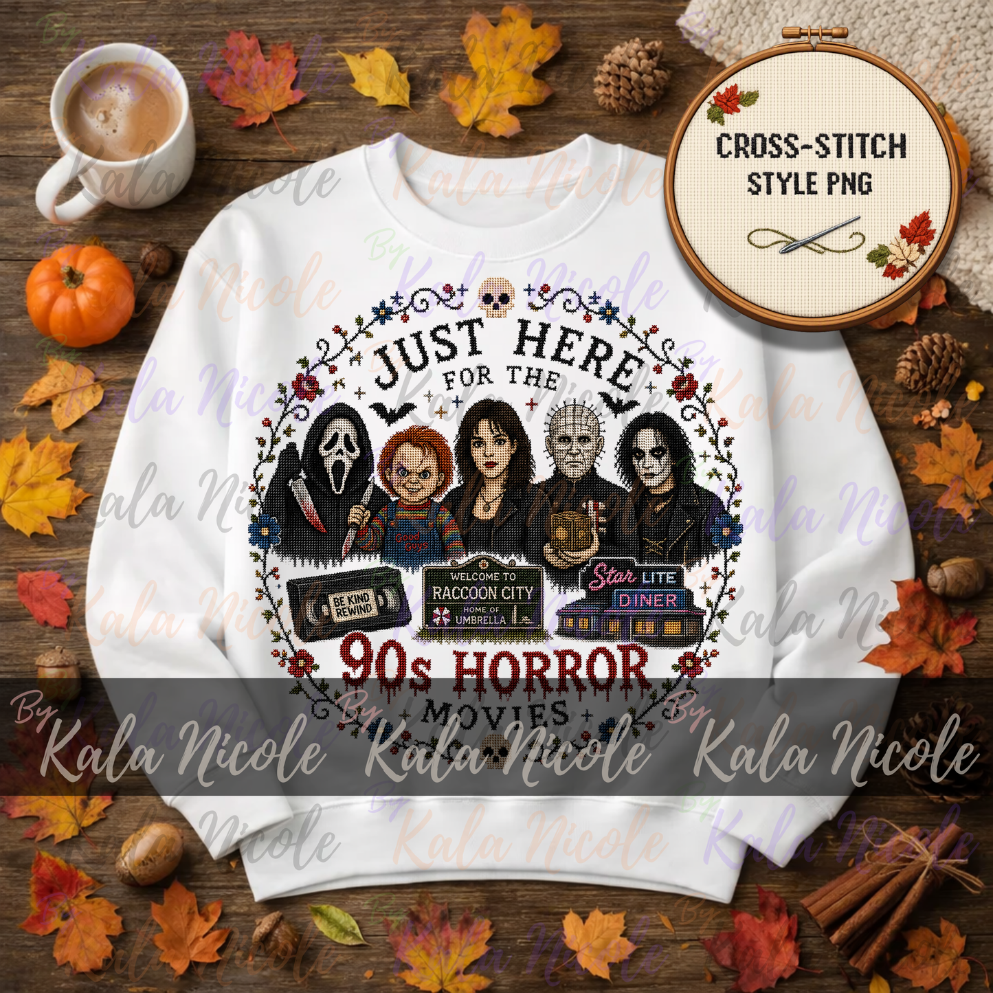 Just Here for the Movies Cross-Stitch PNG | 90s Horror