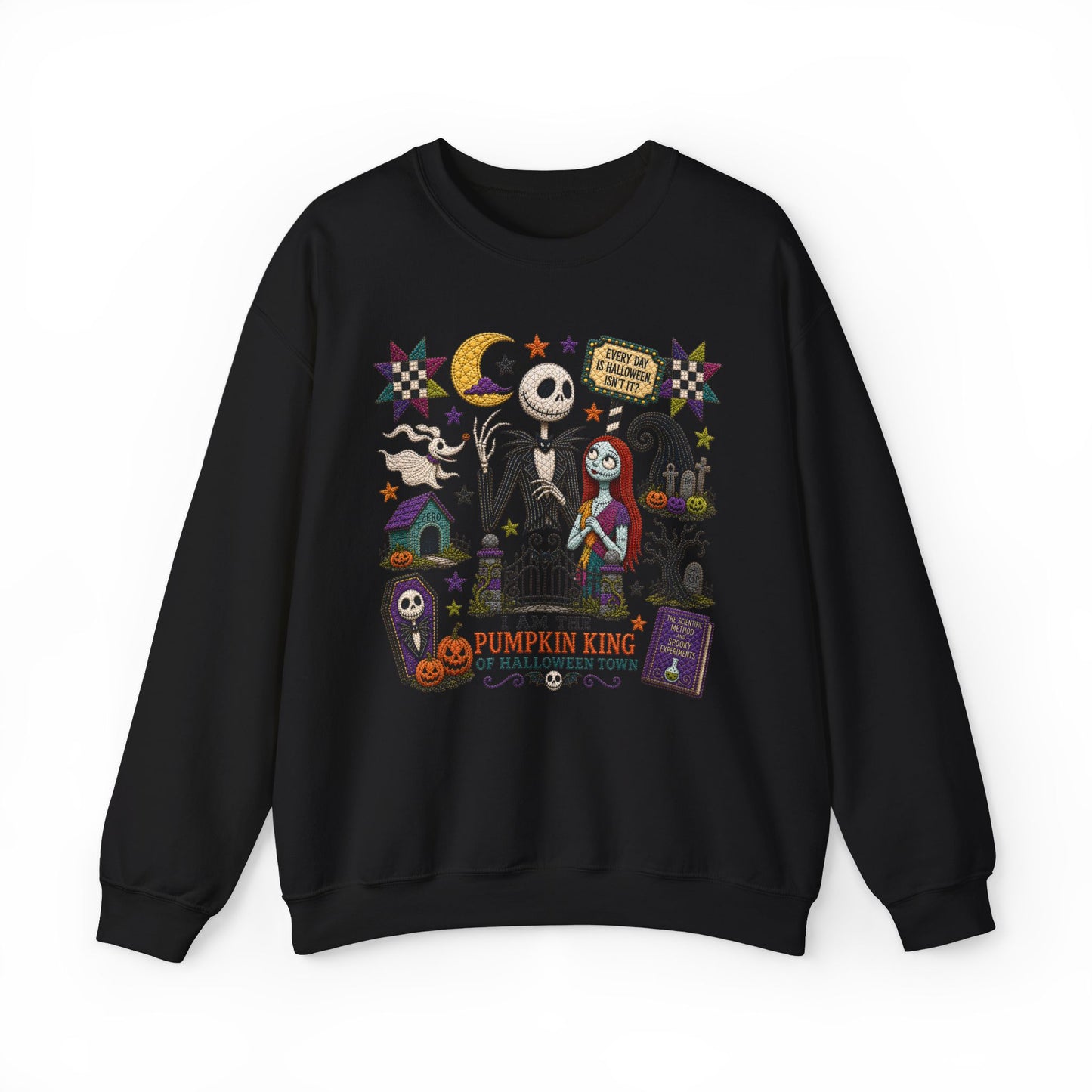 Halloween Crewneck Sweatshirt — 'I Am the Pumpkin King' Jack Skellington Quilt Style Design