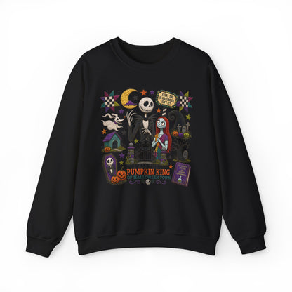 Halloween Crewneck Sweatshirt — 'I Am the Pumpkin King' Jack Skellington Quilt Style Design