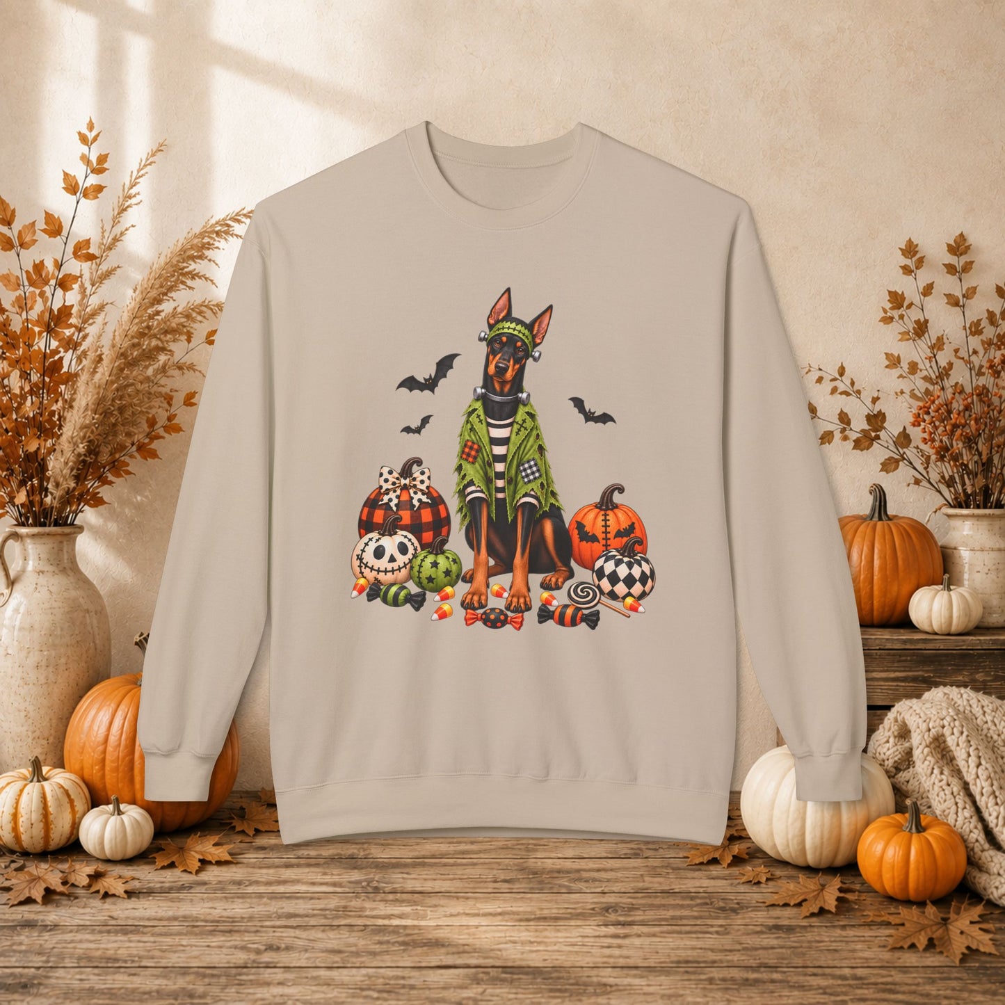 Doberman Halloween Sweatshirt — Spooky Dog Pumpkin Crewneck