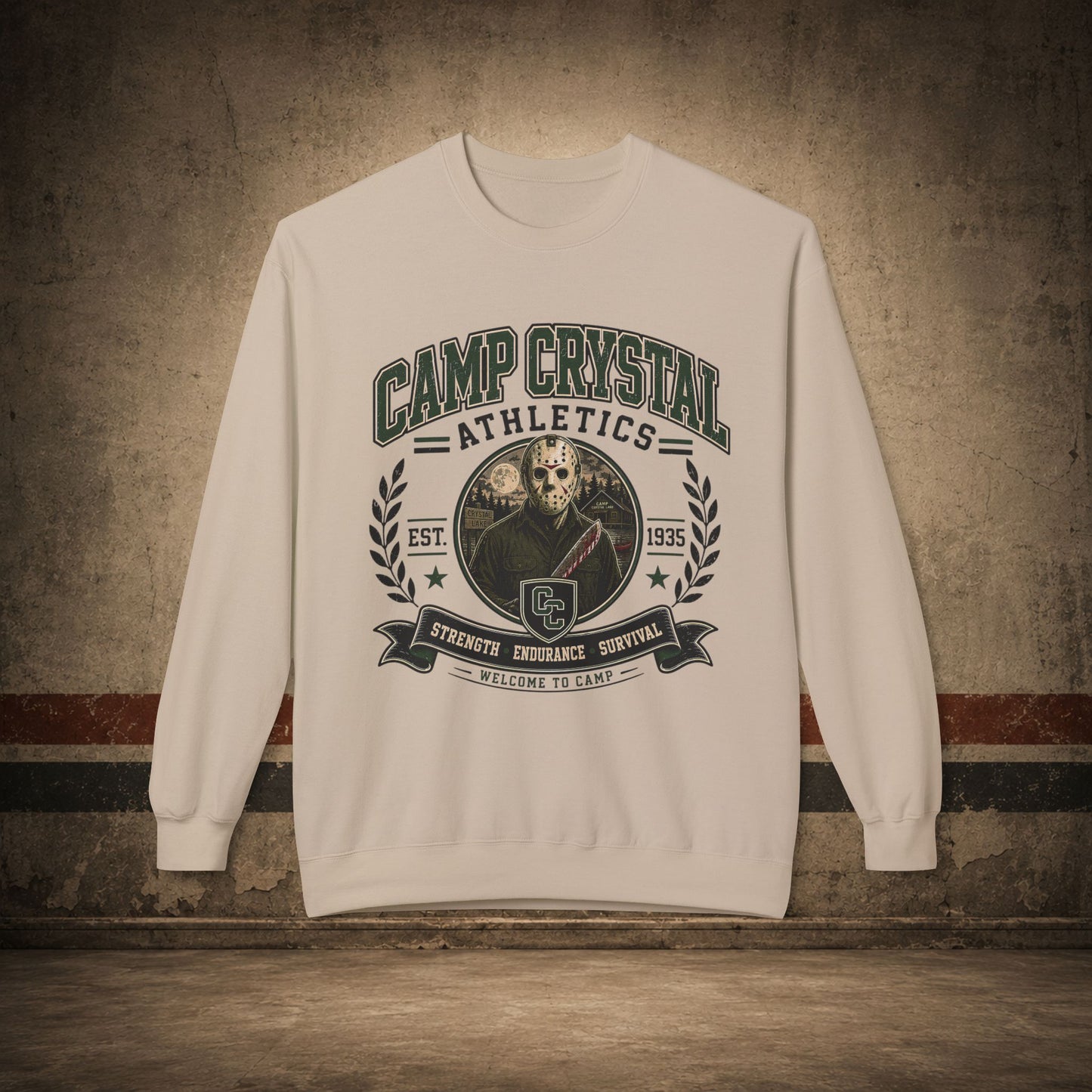 Camp Crystal College Crewneck Sweatshirt – Retro Horror School Logo