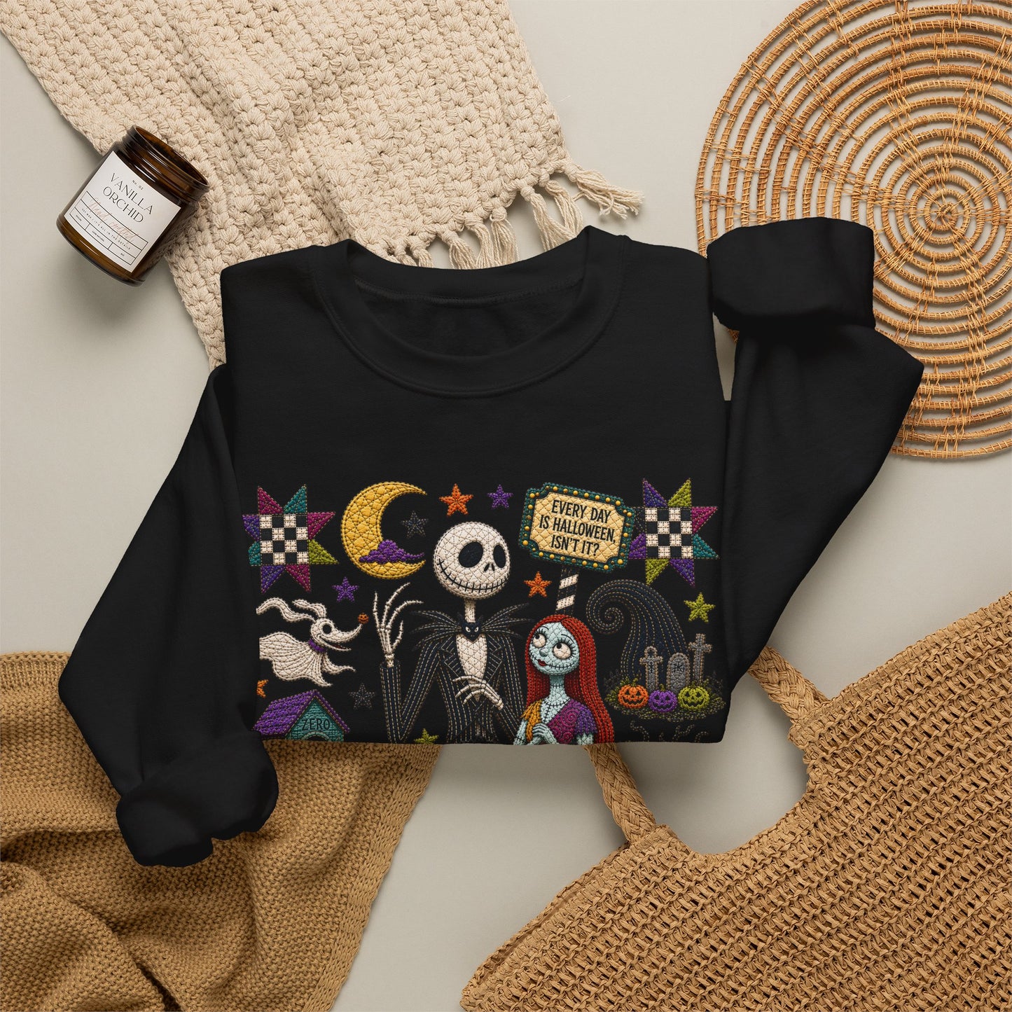 Halloween Crewneck Sweatshirt — 'I Am the Pumpkin King' Jack Skellington Quilt Style Design