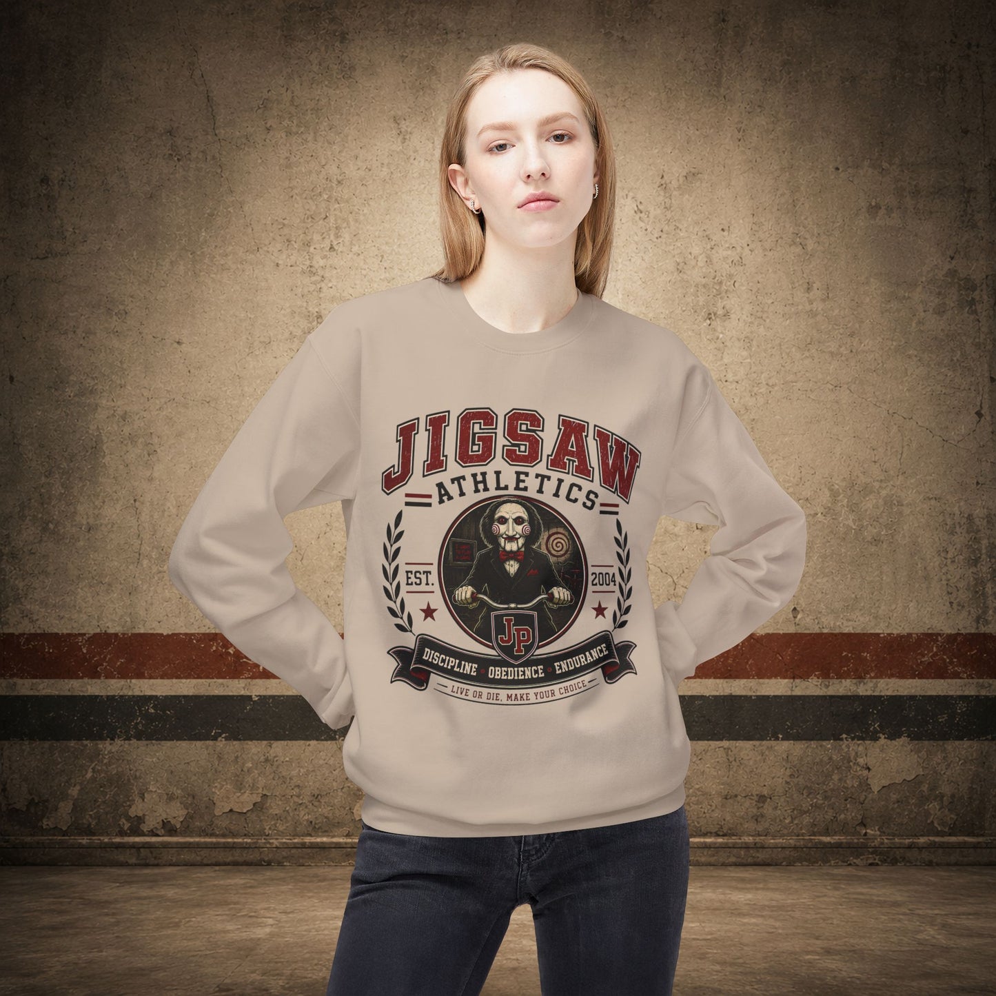 Jigsaw Athletics Crewneck Sweatshirt – Retro Horror School Logo