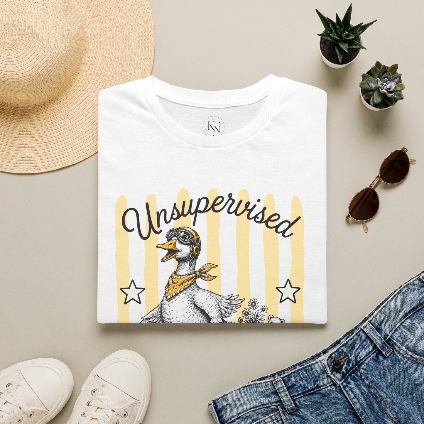 Goose Graphic T-Shirt — "Unsupervised Again" Vintage Yellow Stripe Tee