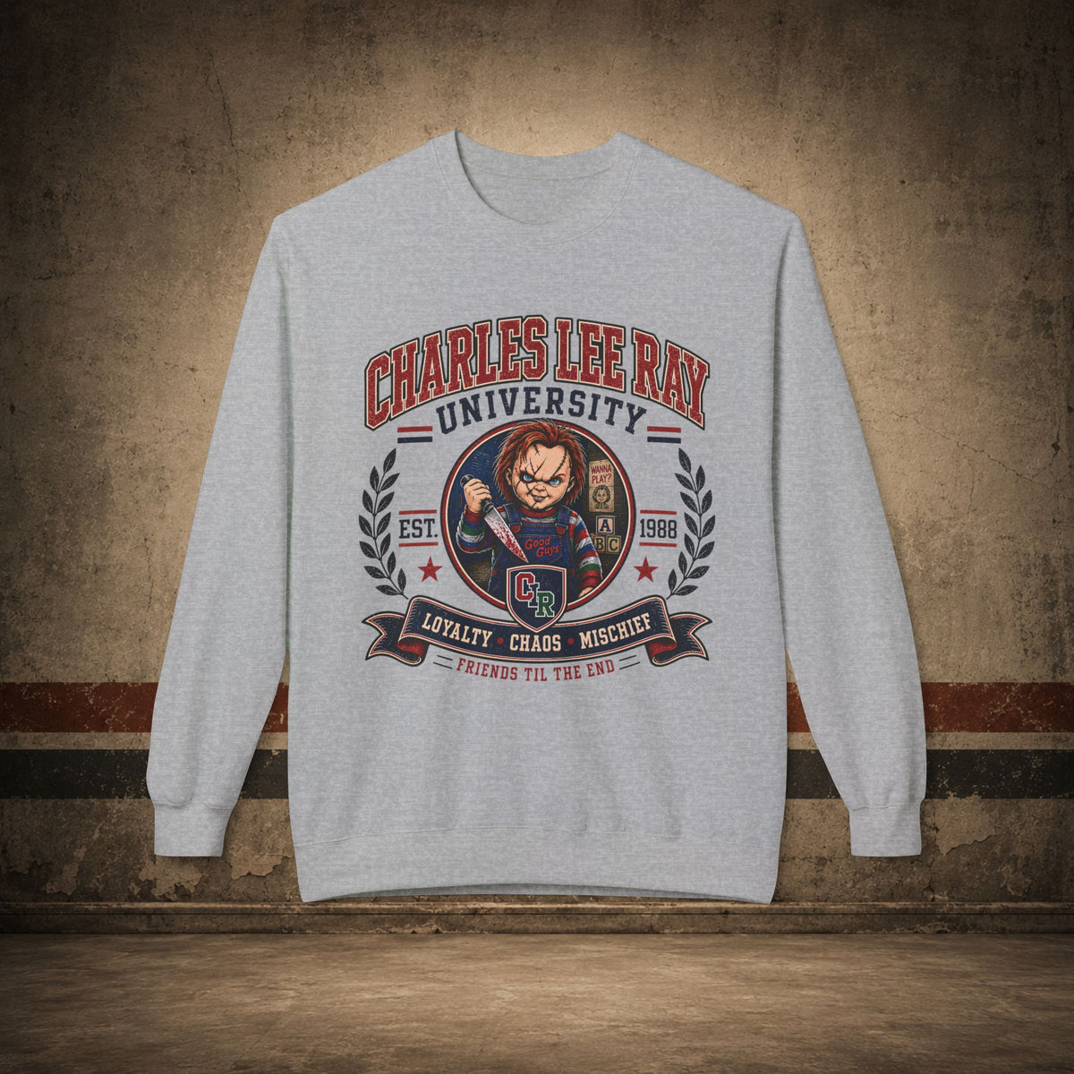 Charles Lee Ray University Crewneck Sweatshirt – Retro Horror School Logo