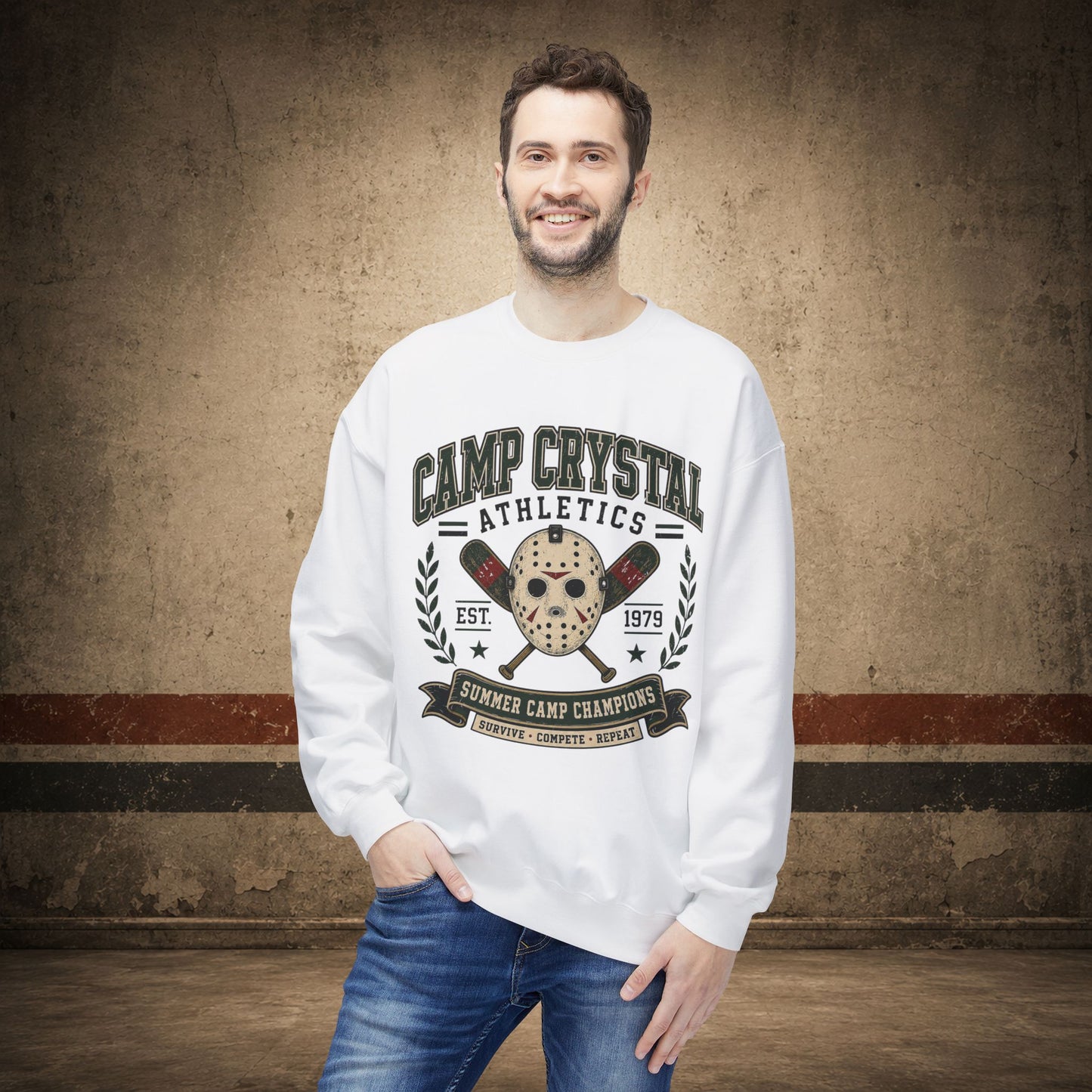 Camp Crystal Athletics Crewneck Sweatshirt – Retro Horror School Logo