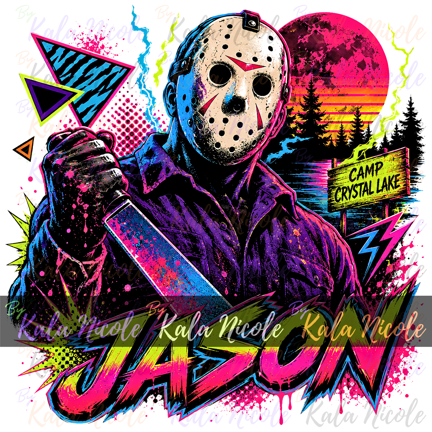 80s Neon Horror PNG | Hockey Mask Slasher PNG
