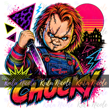 80s Neon Horror PNG | Scary Doll Slasher PNG