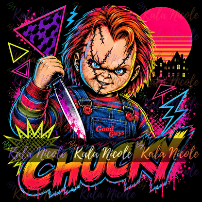 80s Neon Horror PNG | Scary Doll Slasher PNG