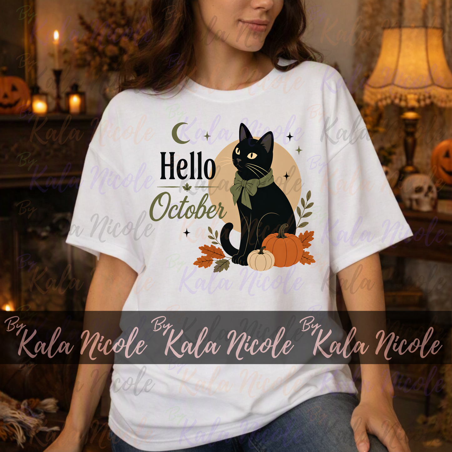 Black Cat PNG | Hello October Green PNG