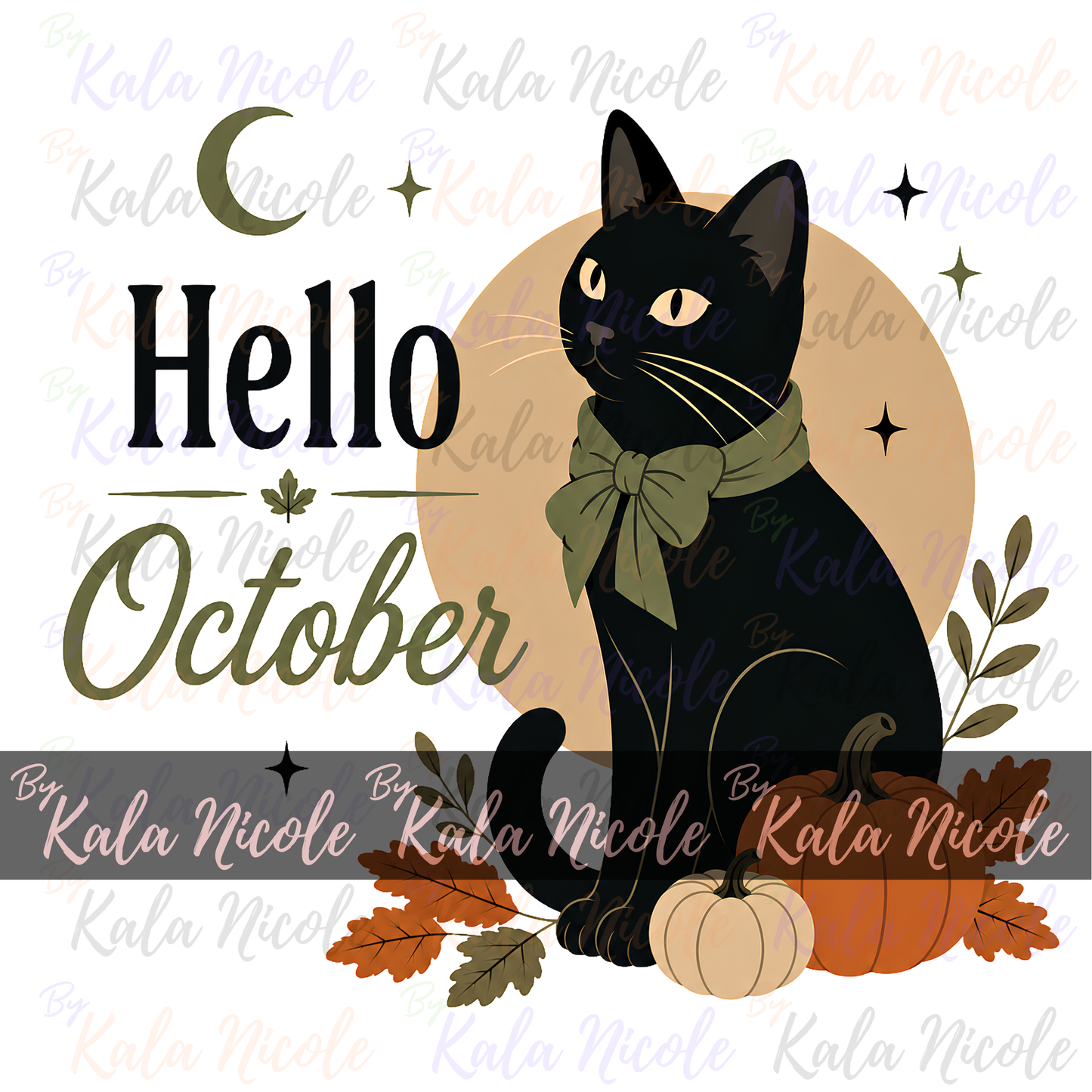 Black Cat PNG | Hello October Green PNG