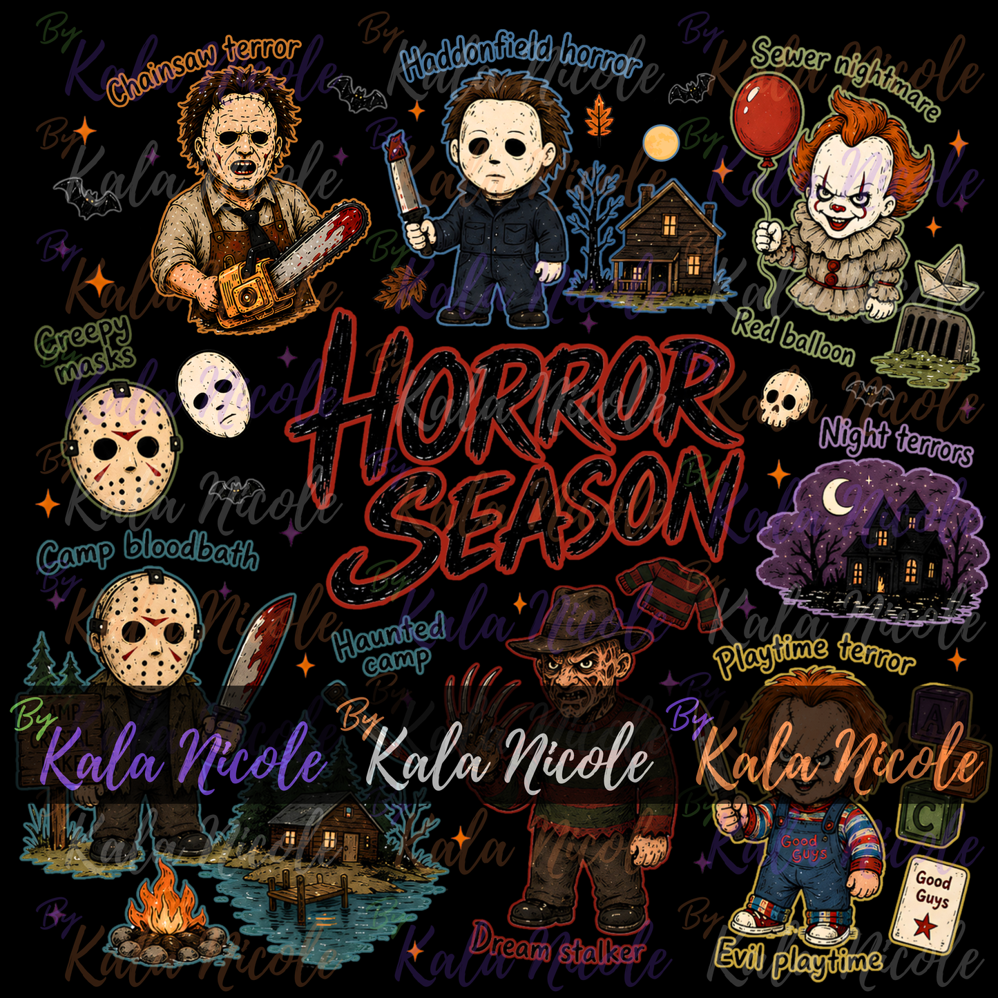 Horror Season Doodle PNG Bundle | Trendy Halloween PNG | Horror Movie Clipart (Digital Download)