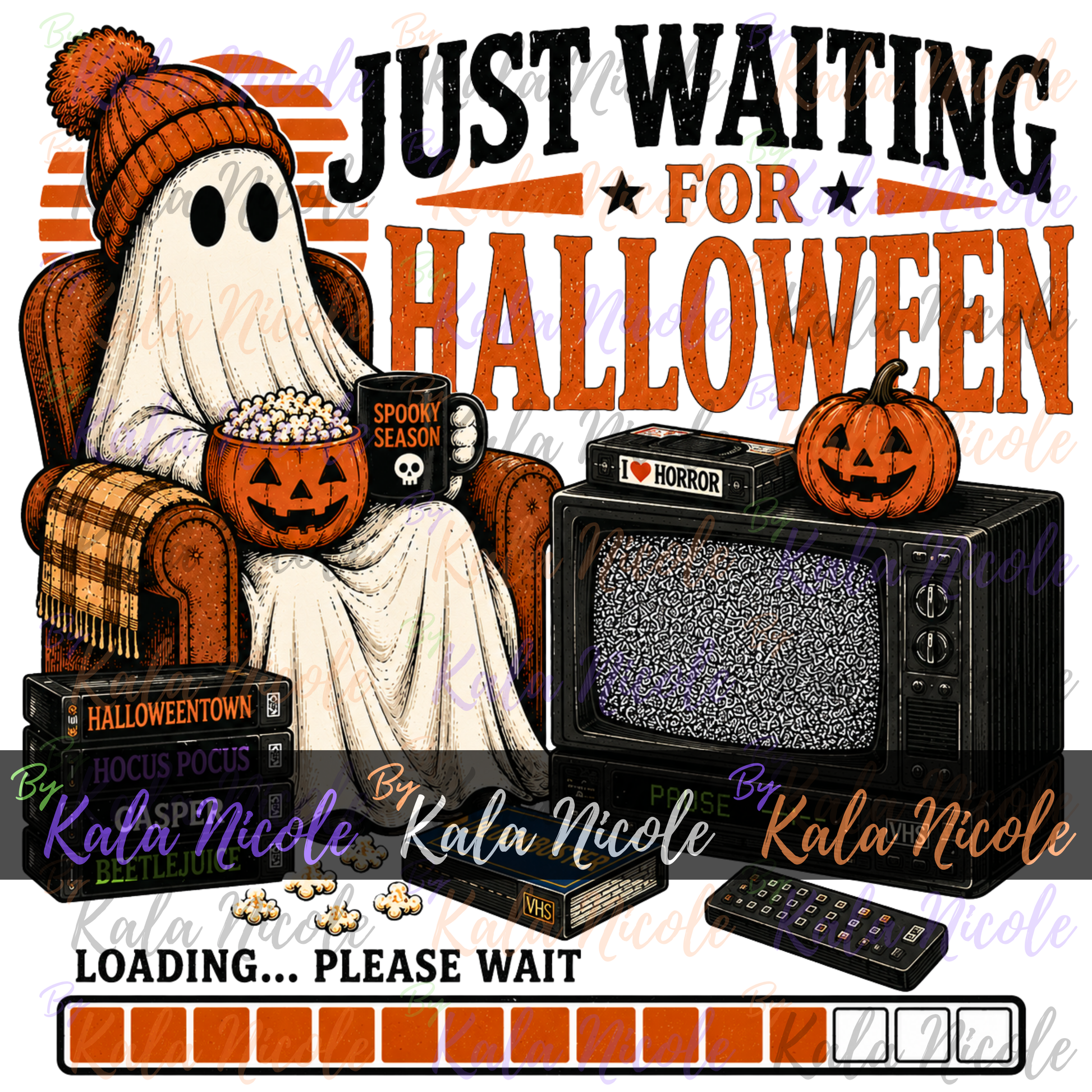 Retro Halloween ghost PNG with vintage TV, VHS tapes, pumpkin popcorn bowl, and Just Waiting for Halloween quote.