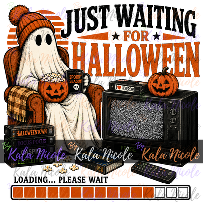 Retro Halloween ghost PNG with vintage TV, VHS tapes, pumpkin popcorn bowl, and Just Waiting for Halloween quote.