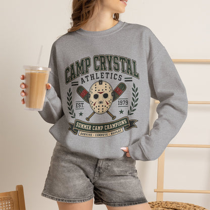 Camp Crystal Athletics Crewneck Sweatshirt – Retro Horror School Logo