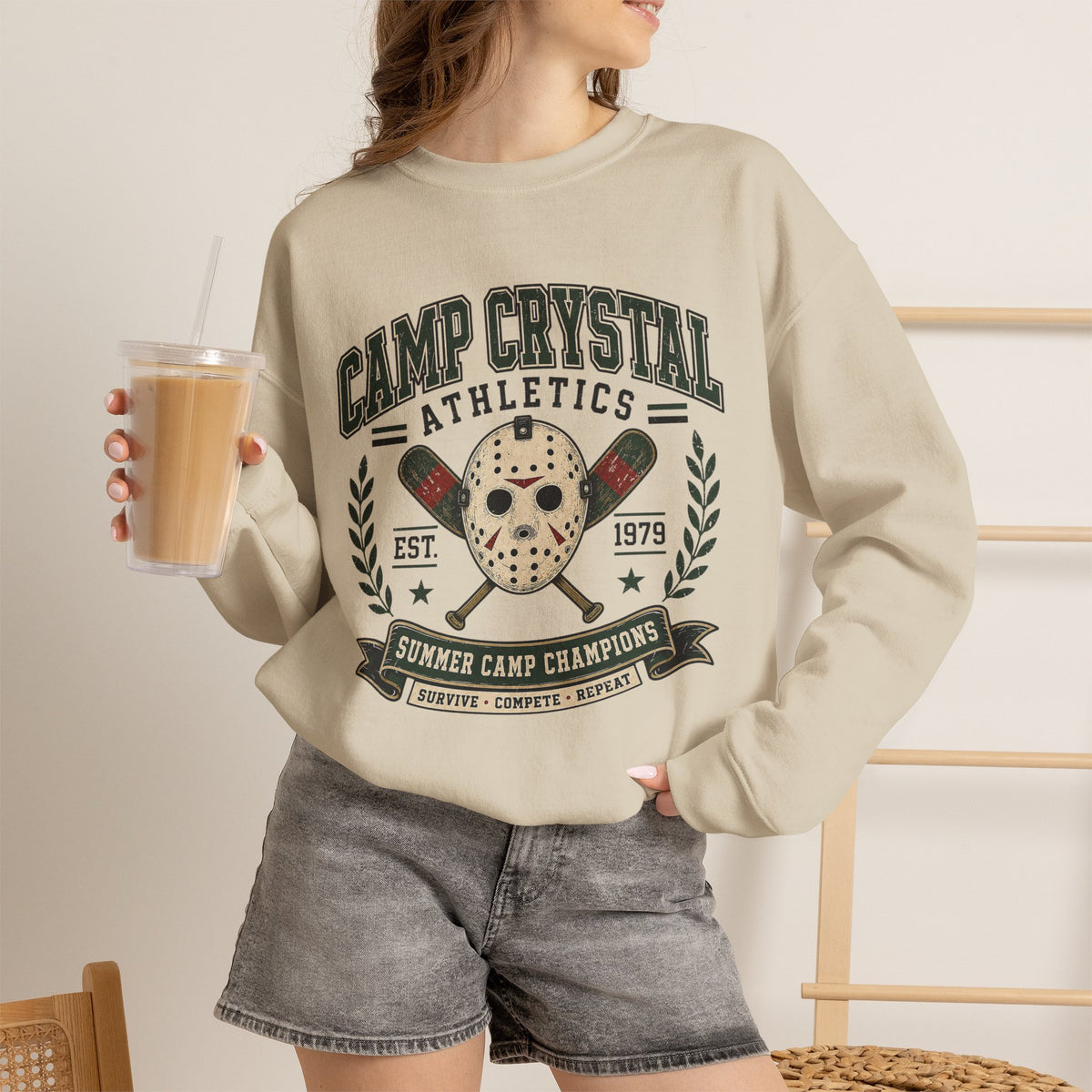 Camp Crystal Athletics Crewneck Sweatshirt – Retro Horror School Logo