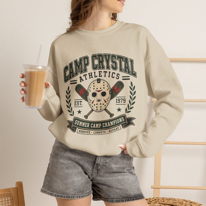 Camp Crystal Athletics Crewneck Sweatshirt – Retro Horror School Logo