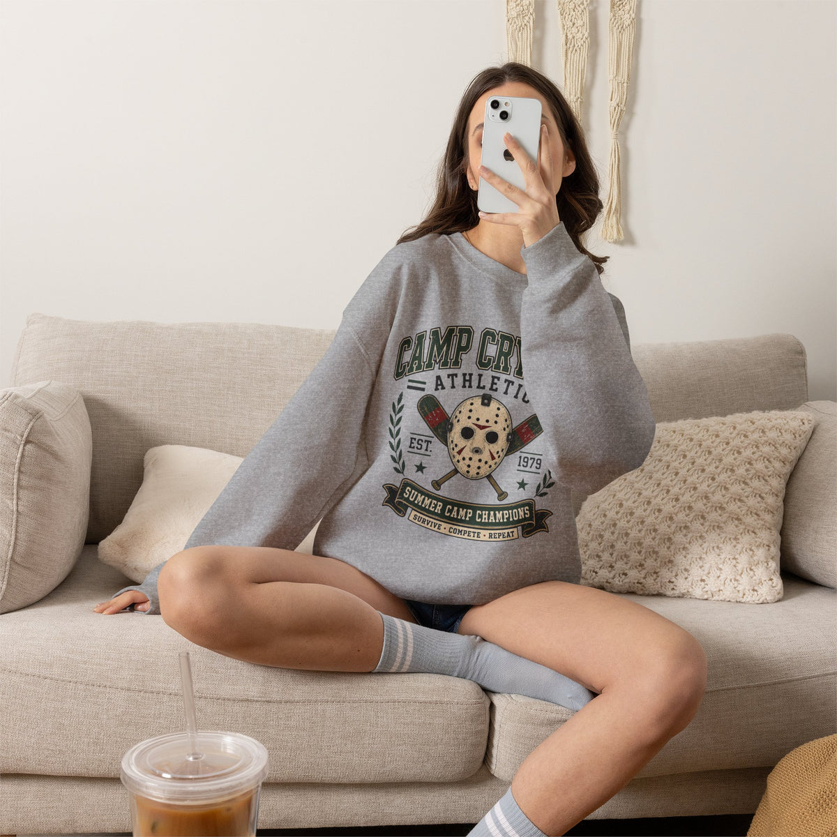 Camp Crystal Athletics Crewneck Sweatshirt – Retro Horror School Logo