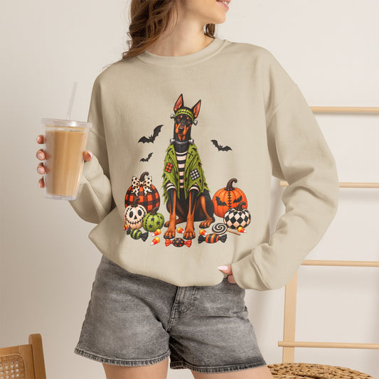 Doberman Halloween Sweatshirt — Spooky Dog Pumpkin Crewneck