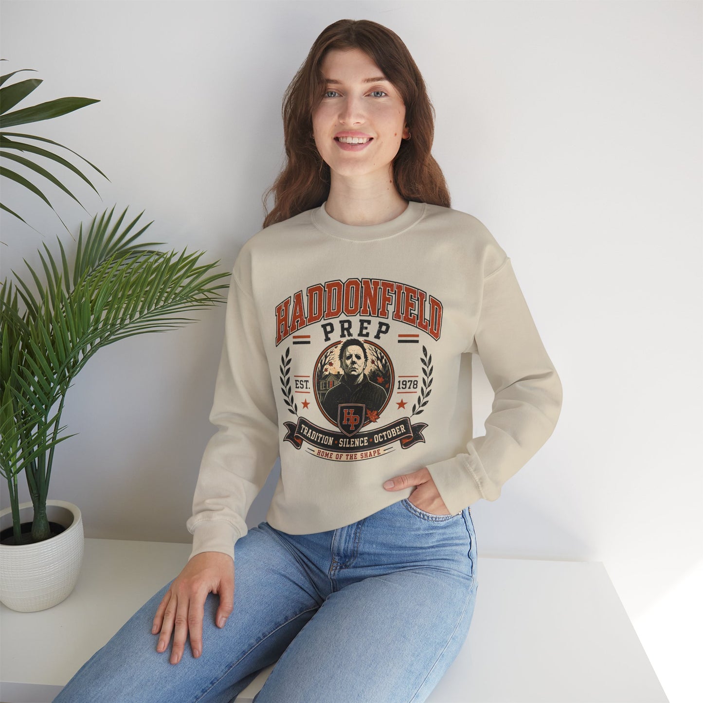 Haddonfield Prep Crewneck Sweatshirt — Retro Horror School Logo