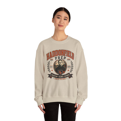 Haddonfield Prep Crewneck Sweatshirt — Retro Horror School Logo