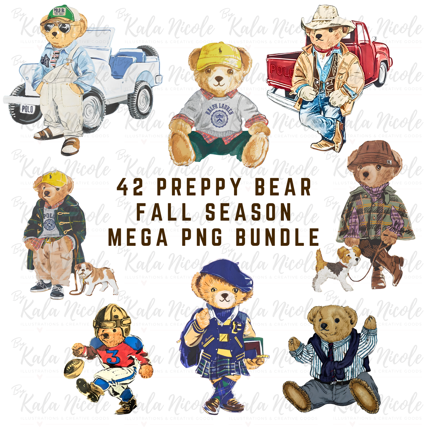 Preppy Vintage Bear PNG Mega Bundle | Fall Collection | 42 Designs