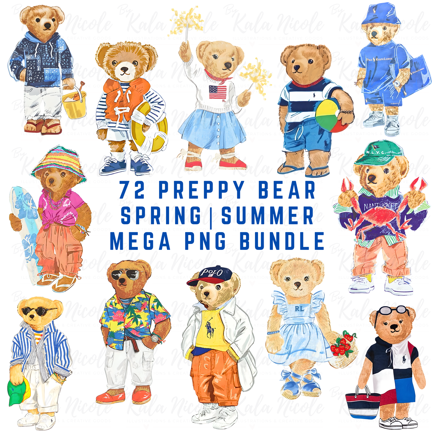 Preppy Vintage Bear PNG Mega Bundle | Spring-Summer Collection | 72 Designs