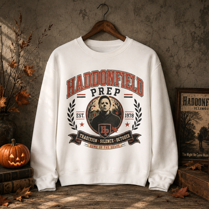 Haddonfield Prep Crewneck Sweatshirt – Retro Horror School Logo