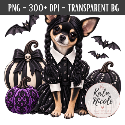 Chihuahua Wednesday Addams Halloween PNG
