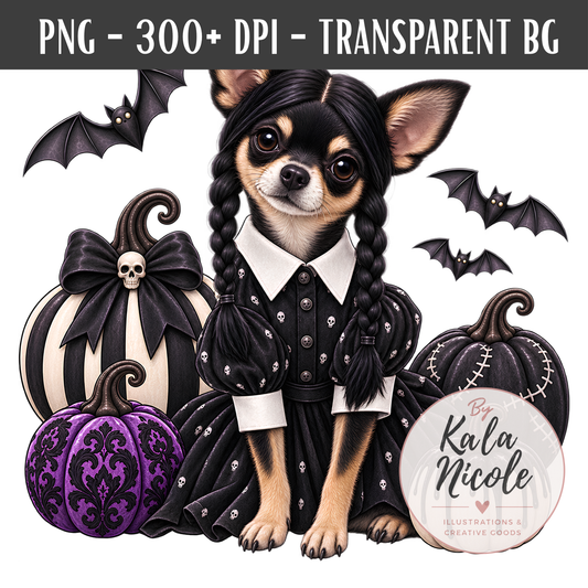 Chihuahua Wednesday Addams Halloween PNG