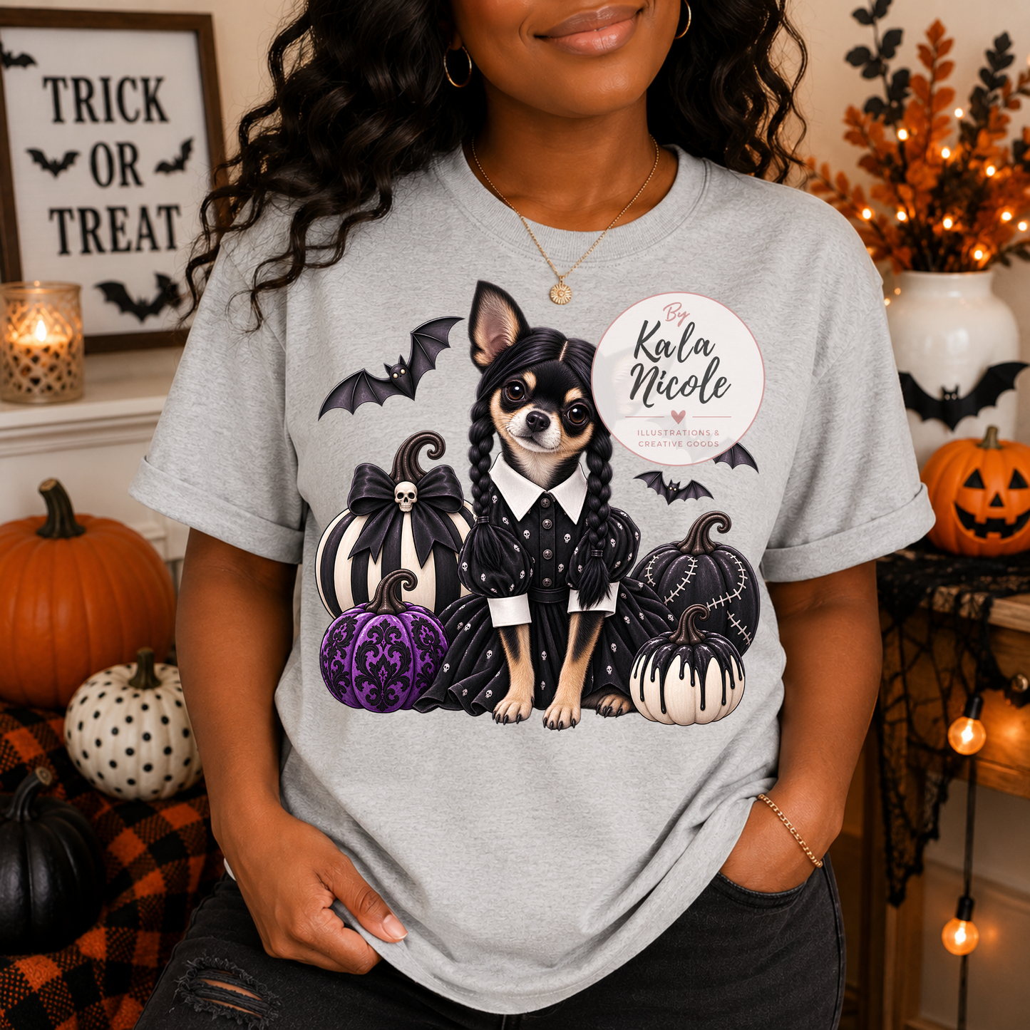 Chihuahua Wednesday Addams Halloween PNG