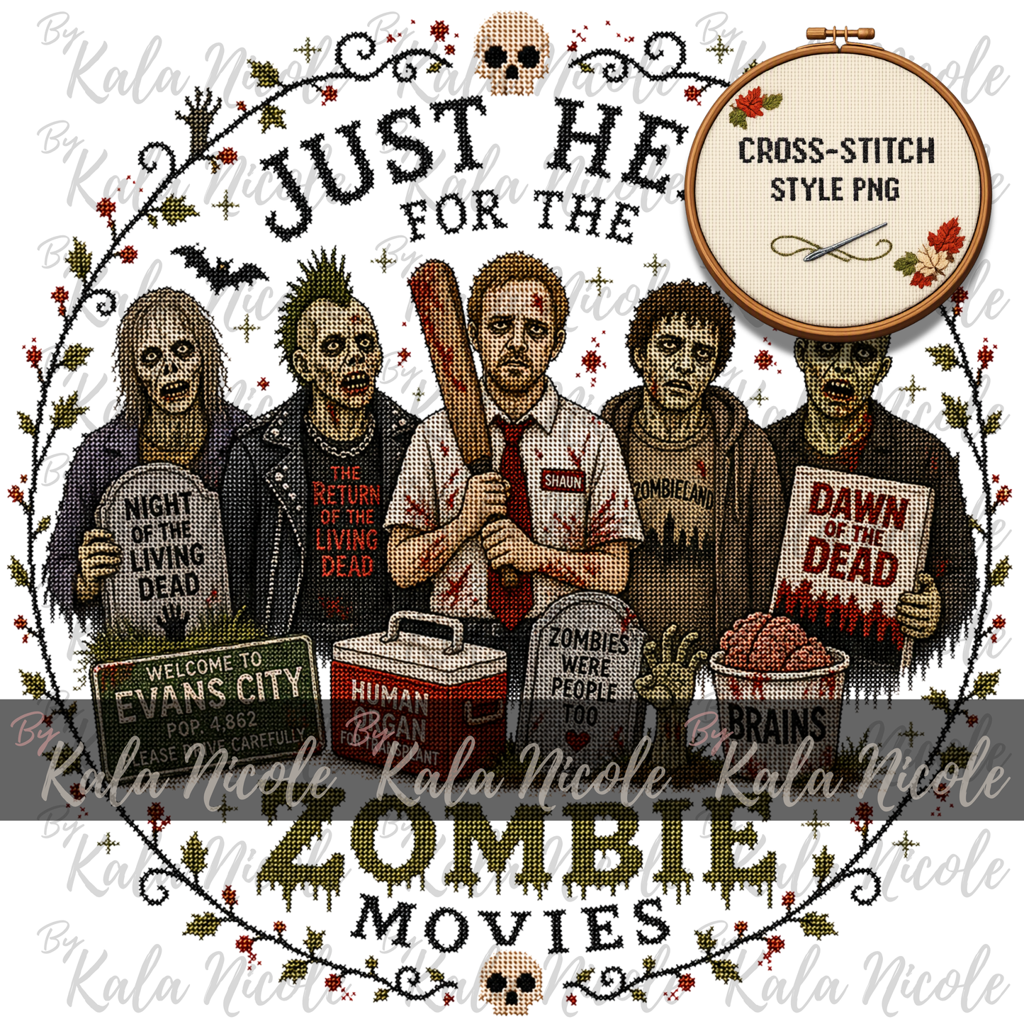 Just Here for the Movies Cross-Stitch PNG | Zombie