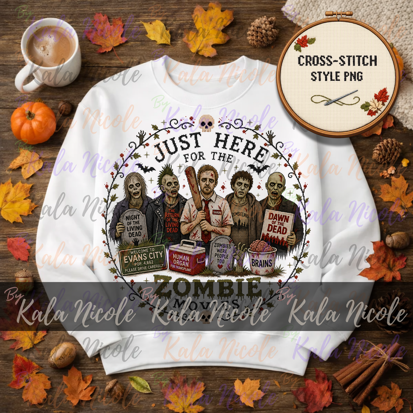 Just Here for the Movies Cross-Stitch PNG | Zombie