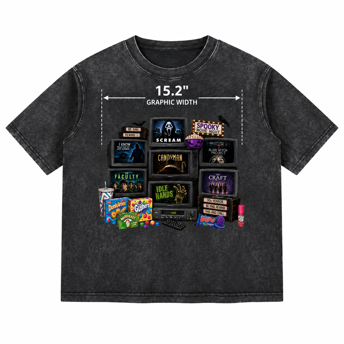 A dark gray acid-wash graphic t-shirt featuring a collage of TV screens and candy brands from Scream, with a white graphic width measurement overlay.