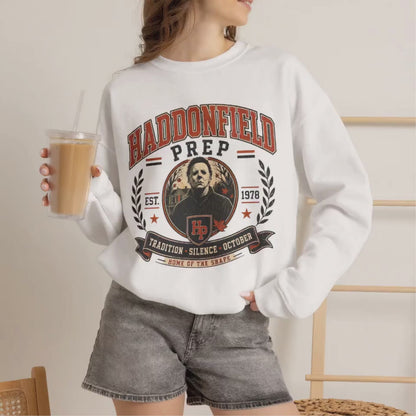 Haddonfield Prep Crewneck Sweatshirt — Retro Horror School Logo